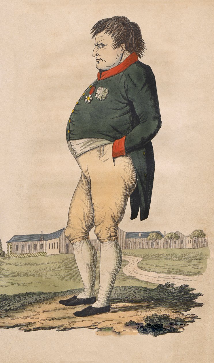 Napoleon Bonaparten karikatyyri St. Helenasta tehty kaksi kuukautta ennen hänen kuolemaansa 5. toukokuuta tekijältä Unbekannt