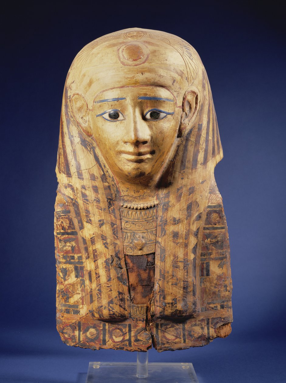 Cartonnage-muumiopäähine, jossa peruukki, silmät obsidiaanilla ja alabasterilla, egyptiläinen, myöhäinen aika (644-332 eKr.) tekijältä Unbekannt