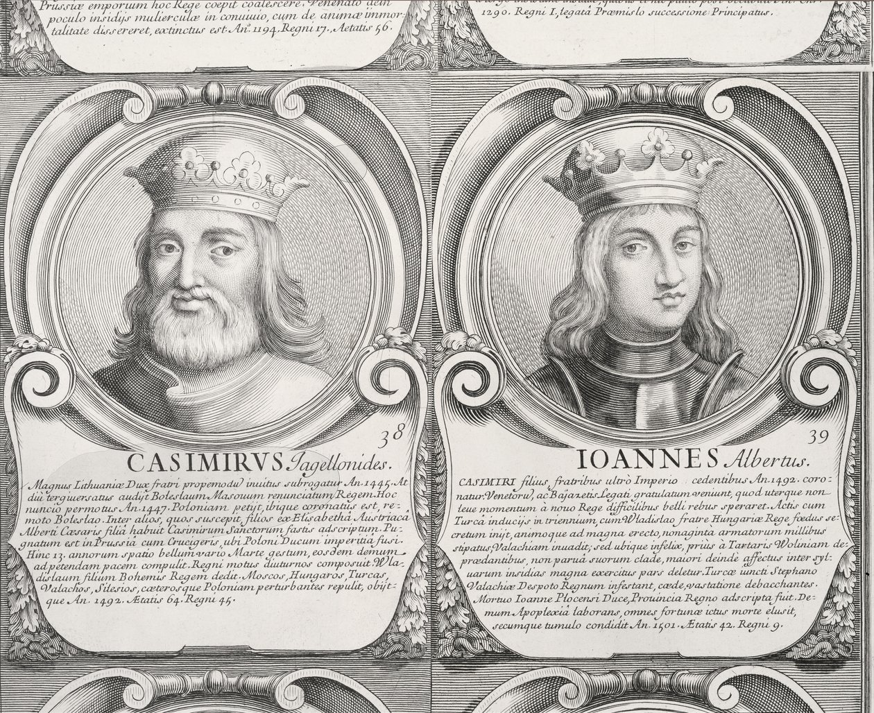 Casimir IV Jagiellon ja Jan I Olbracht, no. 38 ja 39 puolalaisten herttuoiden ja kuninkaiden kronologisesta sarjasta (kaiverrus) tekijältä Unbekannt