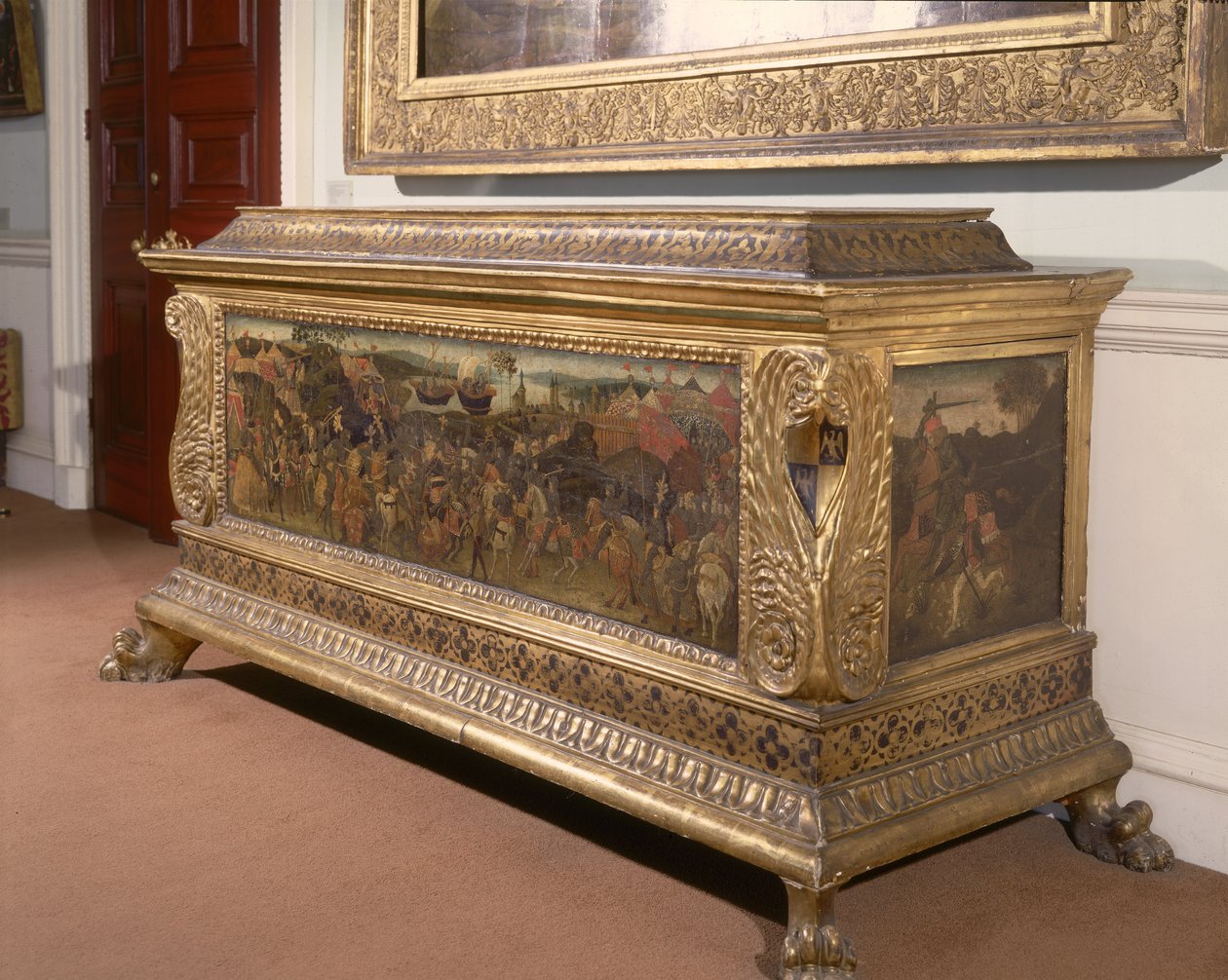 Cassone, jossa on maalatut paneelit, jotka kuvaavat Pharsalian taistelua Pompeiuksen ja Caesarin historiasta, Firenzen koulu tekijältä Unbekannt