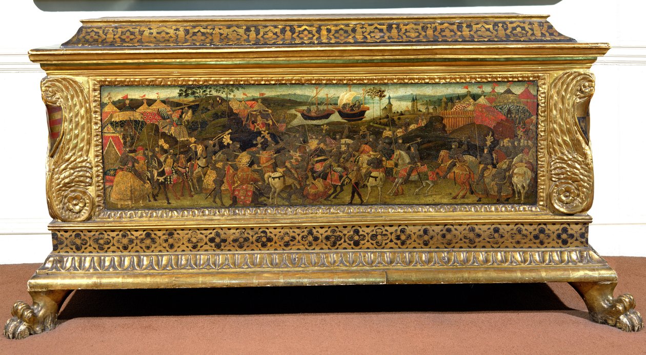 Cassone, jossa maalattu sivupaneeli, joka kuvaa Pharsalian taistelua "Pompeiuksen ja Caesarin historiasta", Firenzen koulu tekijältä Unbekannt
