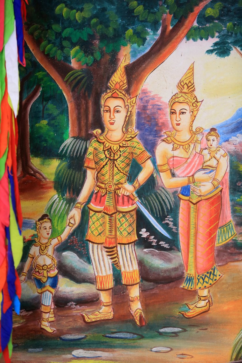 Kattotaide, joka kuvaa Buddhan elämää. Wat Si Sou Mang Karam -temppeli. Vieng Vang. Laos, 20151102, Vieng Vang, Laos tekijältä Unbekannt