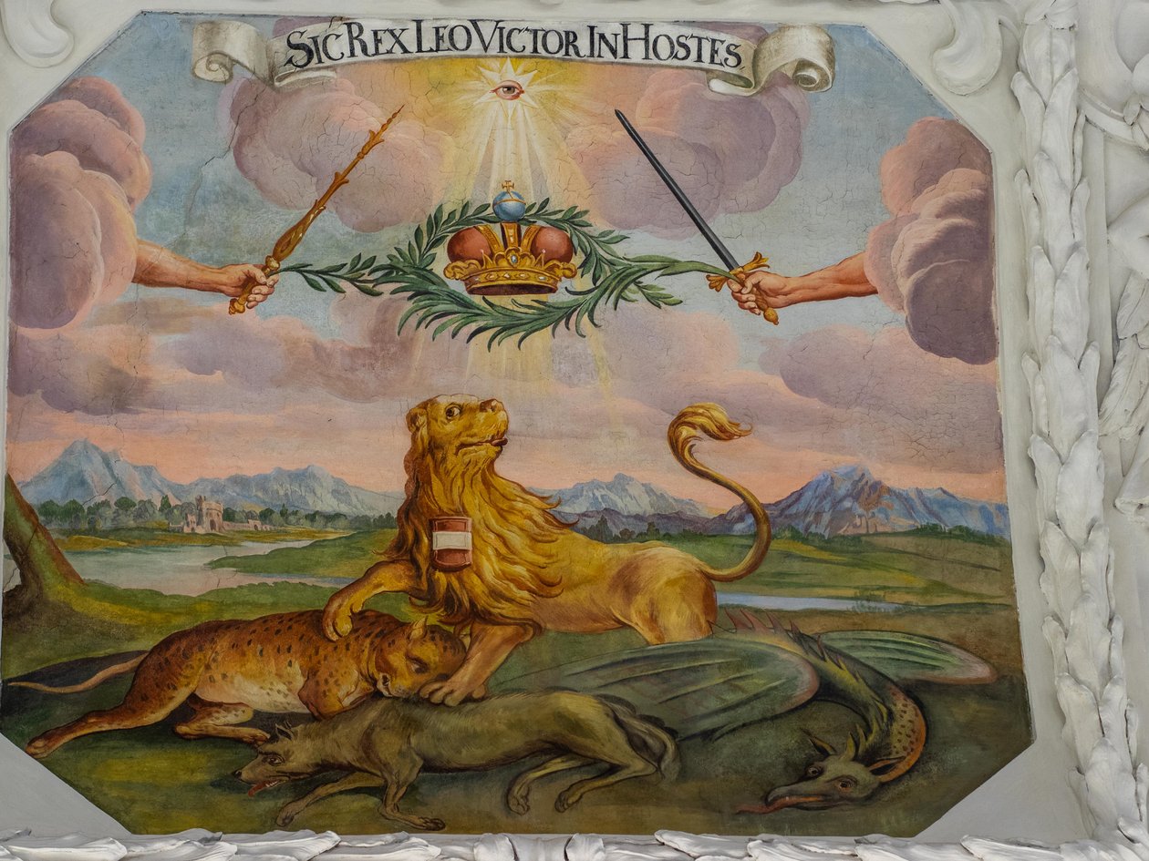 Afresco no teto do corredor da Igreja de Santa Catarina, representações alegóricas das vitórias do imperador Leopoldo I sobre os otomanos, Mausoléu dos Habsburgos, Graz, Estíria, Áustria, Europa (foto)finlandês tekijältä Unbekannter Künstler