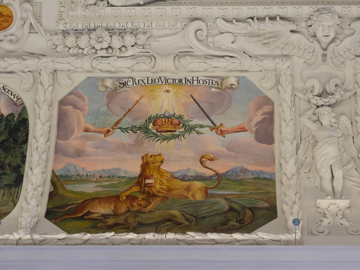 Kattofresko Pyhän Katariinan kirkon käytävällä, allegorisia kuvauksia keisari Leopold I:n voitoista ottomaanien yli, Habsburgien mausoleumi, Graz, Steiermark, Itävalta, Eurooppa (kuva) tekijältä Unbekannter Künstler