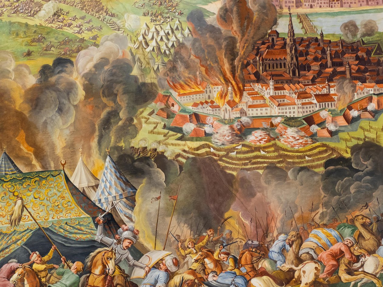 Kattofresko Pyhän Katariinan kirkon sivukäytävässä, Wienin purkaminen 1683, Habsburgien mausoleumi, Graz, Steiermark, Itävalta, Eurooppa (kuva) tekijältä Unbekannter Künstler