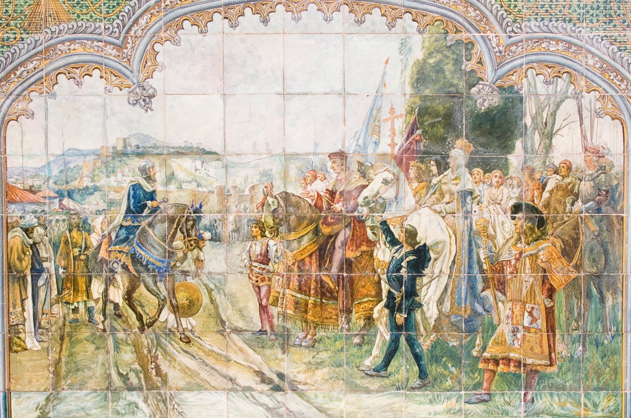 Kuningas Boabdilia kuvaavat keraamiset laatat Plaza de Españassa (mosaiikki) tekijältä Unbekannter Künstler