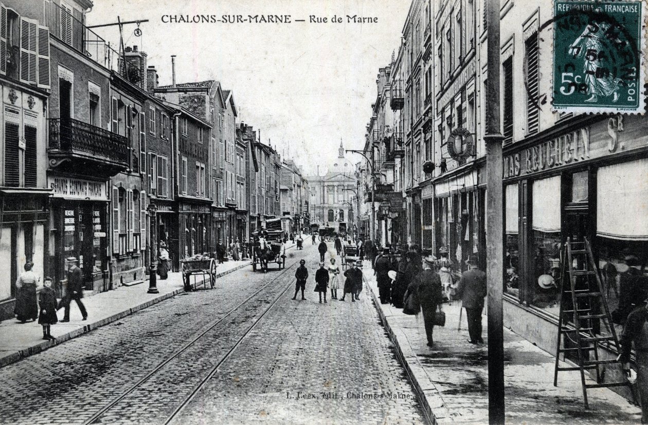 Champagne-Ardenne, Marne (51), Chalons sur Marne (Chalons-sur-Marne): näkymä rue de la Marne -kadulle (kaupungin nimi on nyt Chalons en Champagne (Chalons en Champagne) - Postikortti 1800-luvun lopusta - 1900-luvun alun tekijältä William M. Timlin