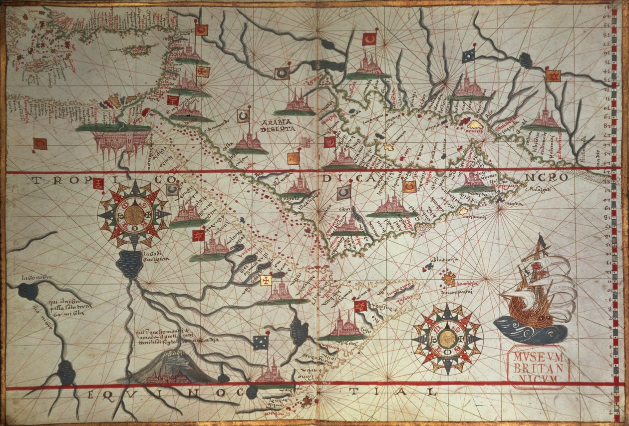 Arabian ja itäisen Välimeren kartta, osa Portolanin atlasta, n. 1650 (kynä ja muste paperille) tekijältä Unbekannter Künstler