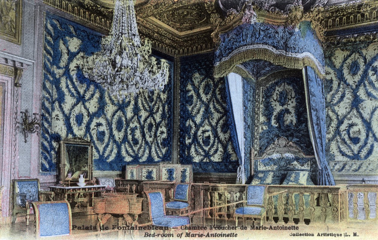 Chateau de Fontainebleau: Kuningatar Marie Antoinetten (1755-1793) makuuhuone - Postikortti 1800-luvun lopusta - 1900-luvulle tekijältä William M. Timlin