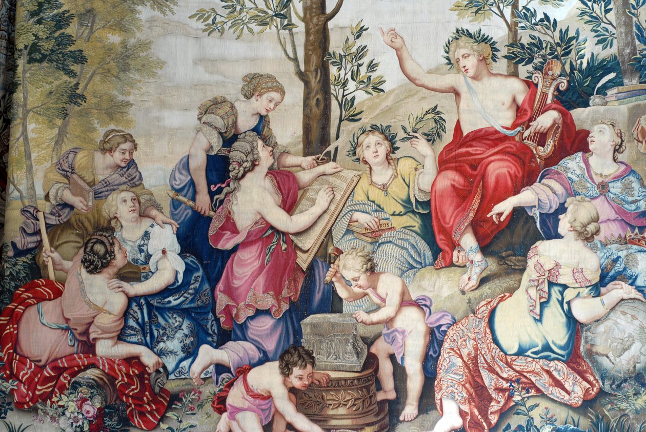 Chateau de Fontainebleau: yksityiskohta, verhot, jotka on kudottu Louis XIV:lle Gobelinsin tehtaalla vuodesta 1687 Pierre Mignardin mahtavien maalausten jälkeen Château de Saint Cloudissa herra Philippe Duc d