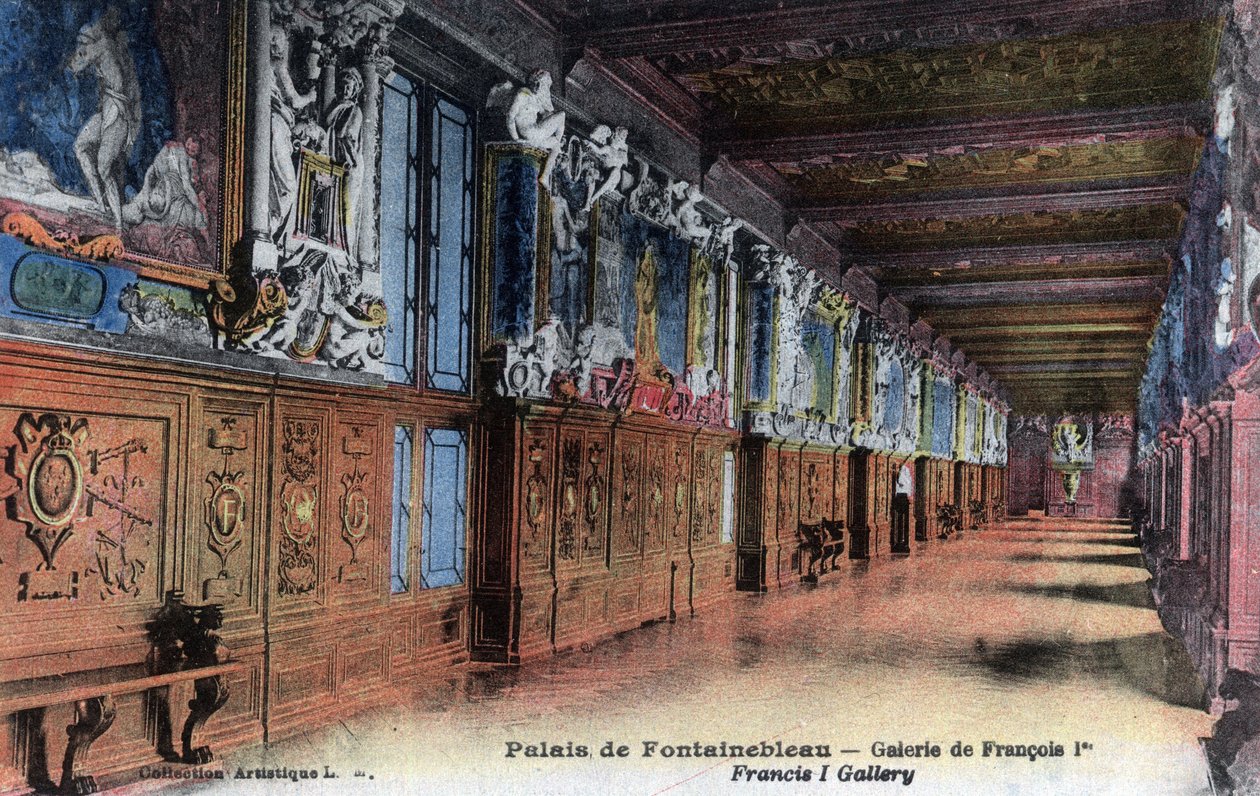 Chateau de Fontainebleau: Francois I:n (1494-1547) galleria - Postikortti 1800-luvun lopulla – 1900-luvun alussa tekijältä William M. Timlin