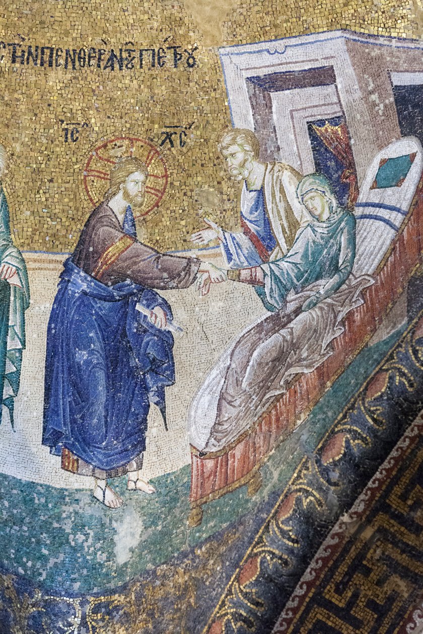 Cristo está curando a sogra de Pedro, mosaico na Igreja de Chora, Istambul, Turquia Finlandês tekijältä Unbekannter Künstler