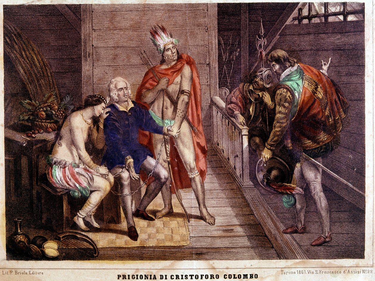 Kristoffer Kolumbuksen (Colombo) ketjut vuonna 1500 hänen palatessaan Espanjaan - italialainen kaiverrus vuodelta 1861. tekijältä Unbekannter Künstler