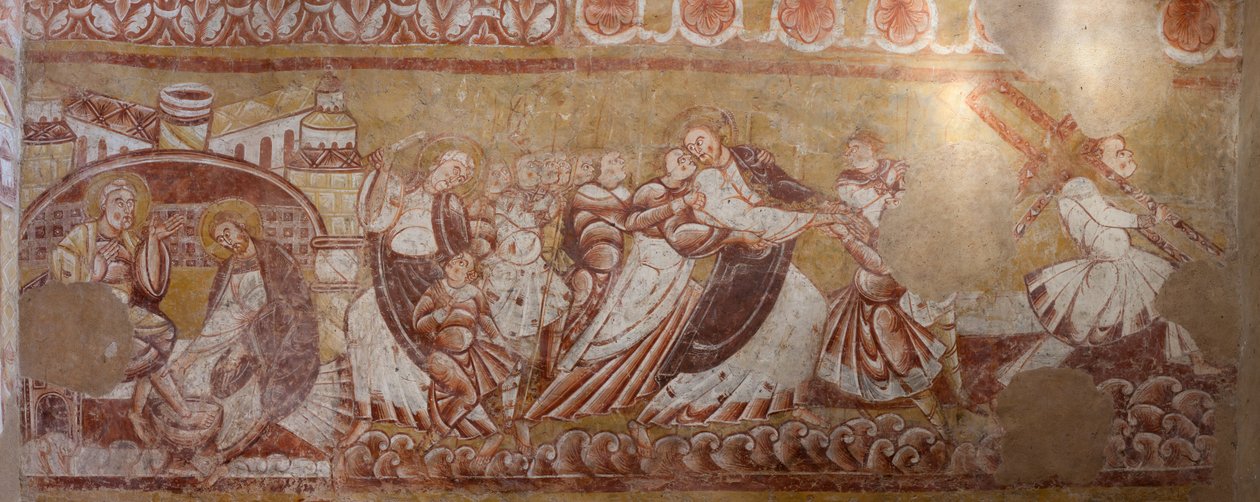 kirkko (Église Saint-Martin). Sisustus. Seinämaalauksia (freskot). Kuoron pohjoisseinä. Yksityiskohta. Kristuksen pidätys, jalkojen pesu. 12. vuosisadalla. tekijältä Unbekannt