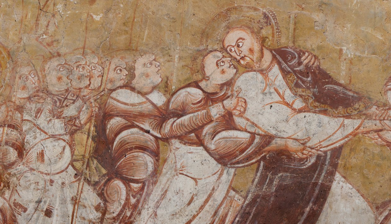 kirkko (Église Saint-Martin). Sisustus. Seinämaalauksia (freskot). Kuoron pohjoisseinä. Yksityiskohta. Kristuksen pidätys. 12. vuosisadalla. tekijältä Unbekannt