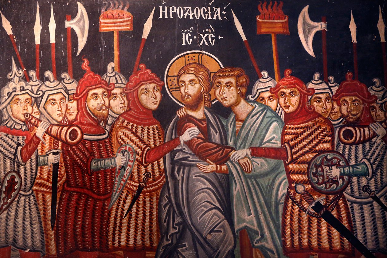 Arkkienkeli Mikaelin kirkko. Fresko. Jeesus Kristus pidätetty, 20150510, Pedoulas, Kypros tekijältä Unbekannt