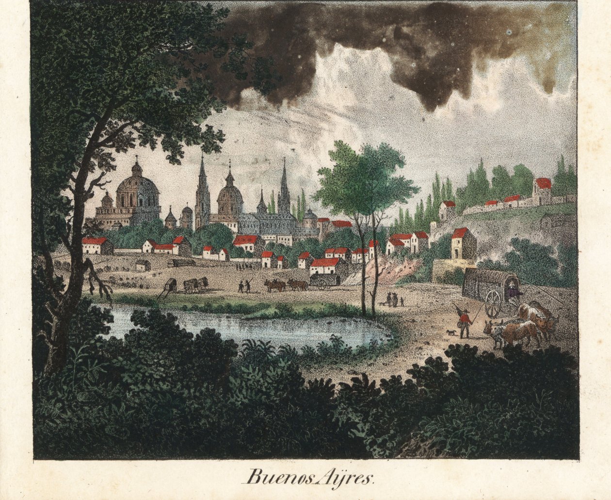 Kaupunkikuvassa Buenos Aires (Argentiina). Friedrich Wilhelm Goedschen (1785-1863) kirjaan "Galerie complete en tableaux fideles des peuples d