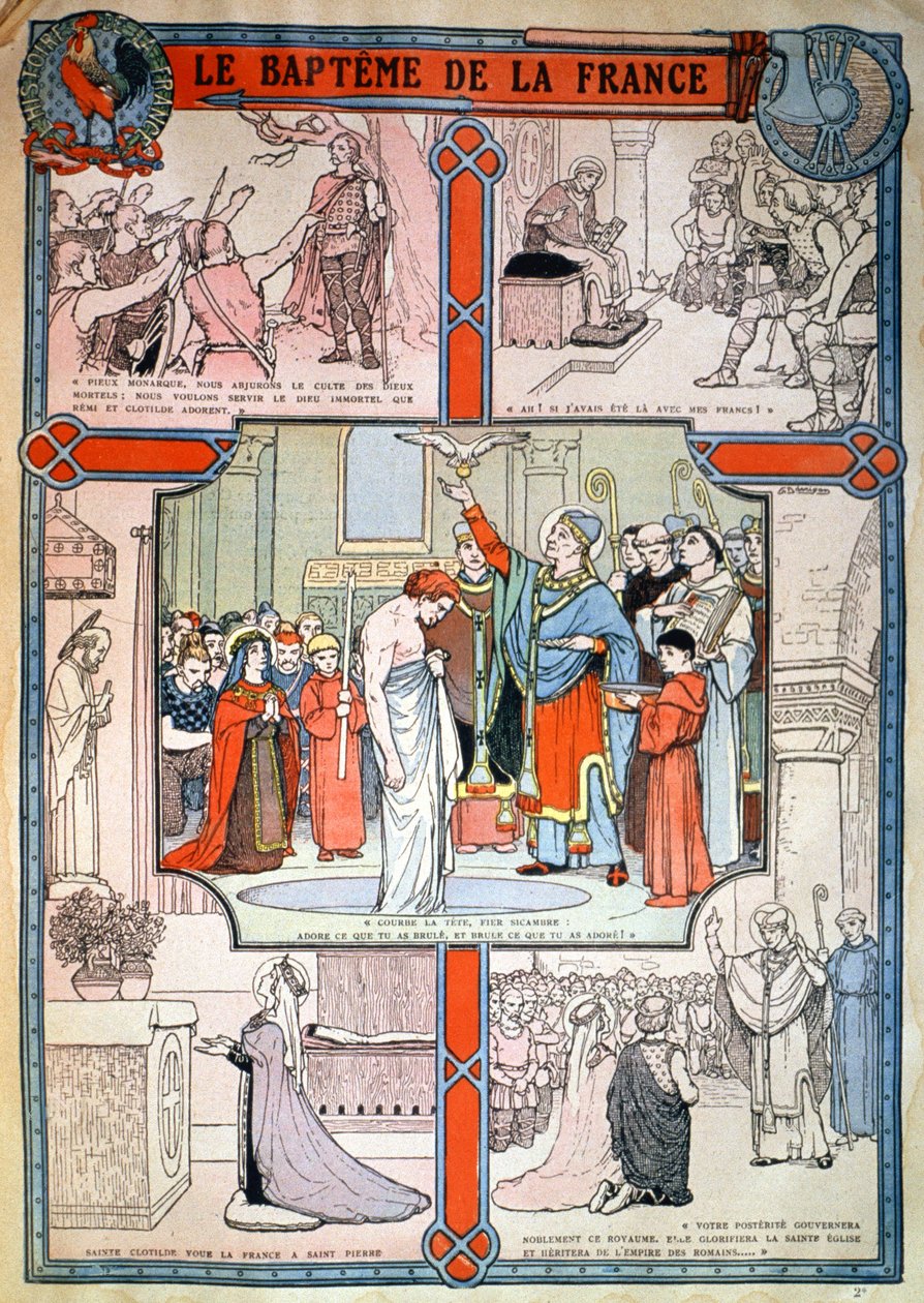 Kloviksen kastaminen Saint Remin luona Reimsissä, noin 1930 (painokuva). tekijältä Unbekannter Künstler