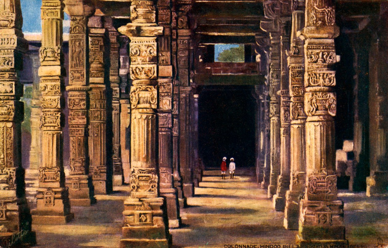 Colunata com esculturas hindus, Qutb Minar, início do século 20 (impressão) finlandesa tekijältä Unbekannter Künstler