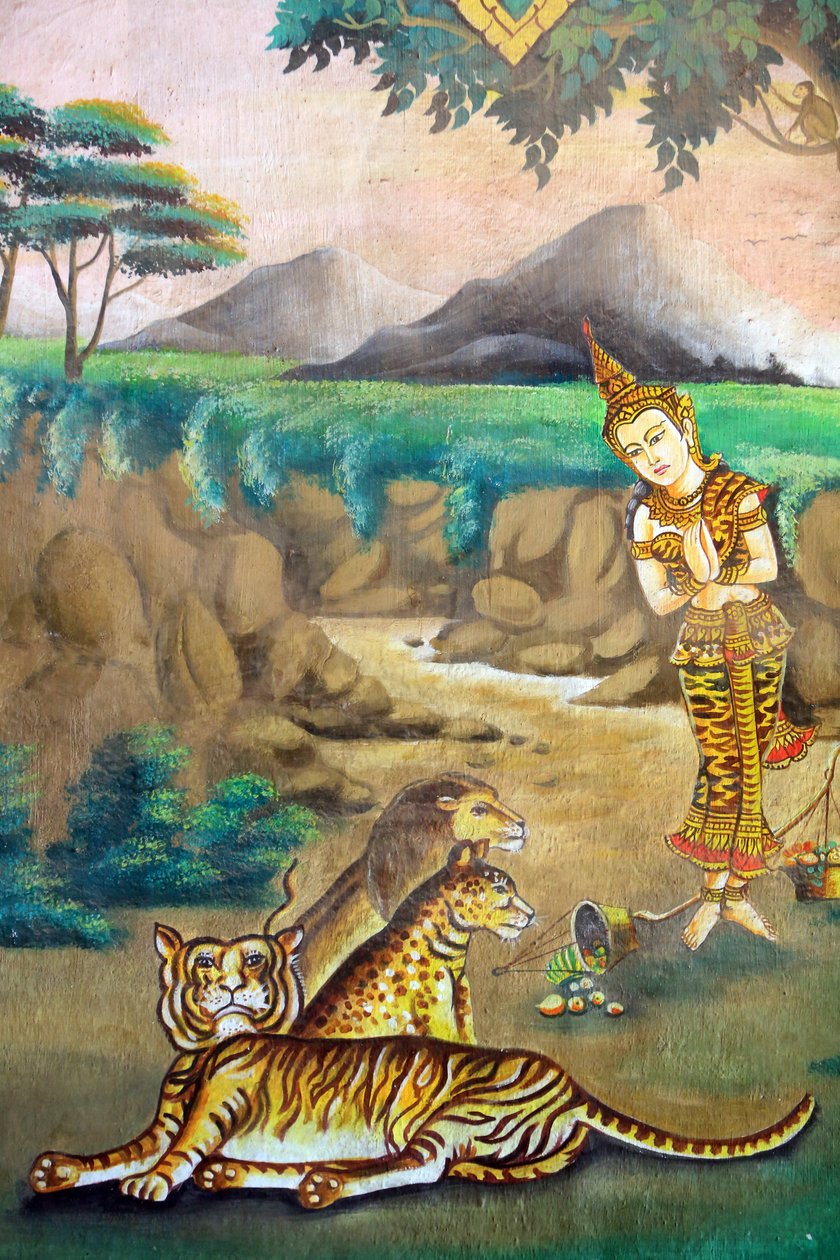 Myötätunto eläimiä kohtaan. Shakyamuni Buddhan elämäntarinaa kuvaava maalaus. Wat Naxai. Vientiane. Laos, 20151106, Vientiane, Laos tekijältä Unbekannt