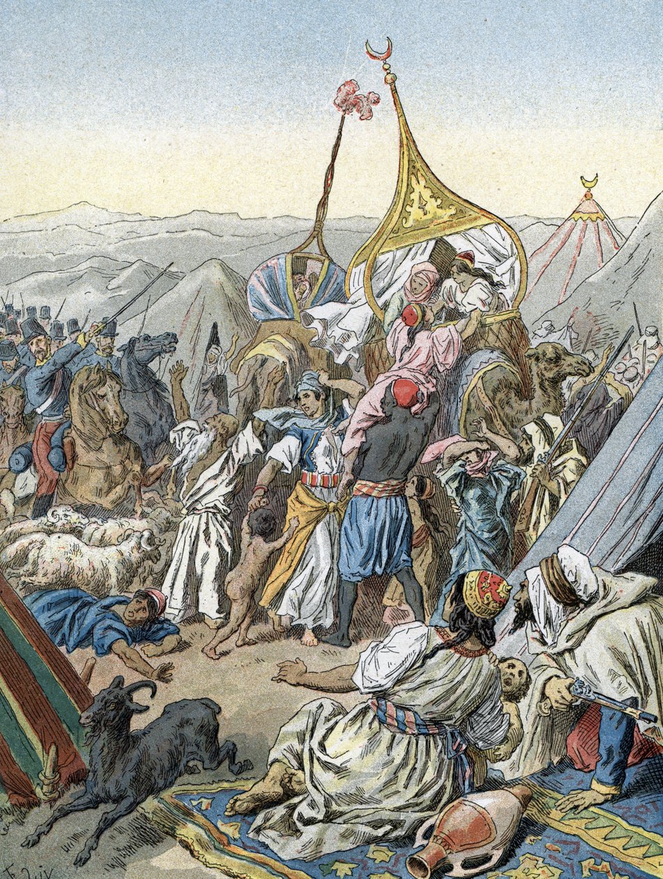 Algerian valloitus Ranskan toimesta: Aumalen herttua vangitsi Abd-el-Kaderin Smalahin Taguinissa (1843) tekijältä Unbekannter Künstler