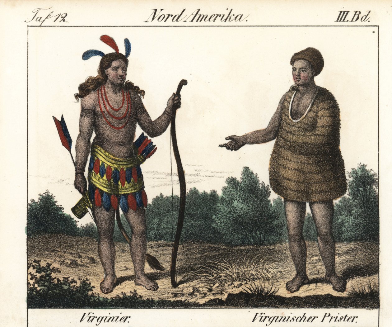 Virginian (Yhdysvallat) Powhatan-intiaanien puku: Secotan soturi ja pappi. Litografia kirjaa varten: Friedrich Wilhelm Goedsche (1785-1863) "Galerie complete en tableaux fideles des peuples d