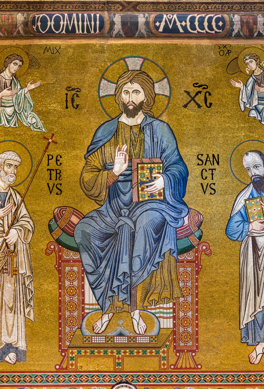 Vastajulkisivu: mosaiikki "Majesteetti Kristuksen valtaistuimella pyhien Pietarin ja Paavalin välissä", XII vuosisata, Palatinuksen kappeli, Kuninkaanlinna tai Palazzo dei Normanni (Normaanien palatsi), Palermo, Sisilia, Italia (kuva) tekijältä Unbekannter Künstler