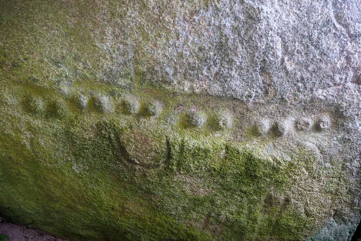 Peitetty Alle of Kerguntuil, Dolmenin sisäpuoli, yksityiskohtainen kaiverrus pisteillä. Noin -2000 eKr., Tregastel, Côtes-d