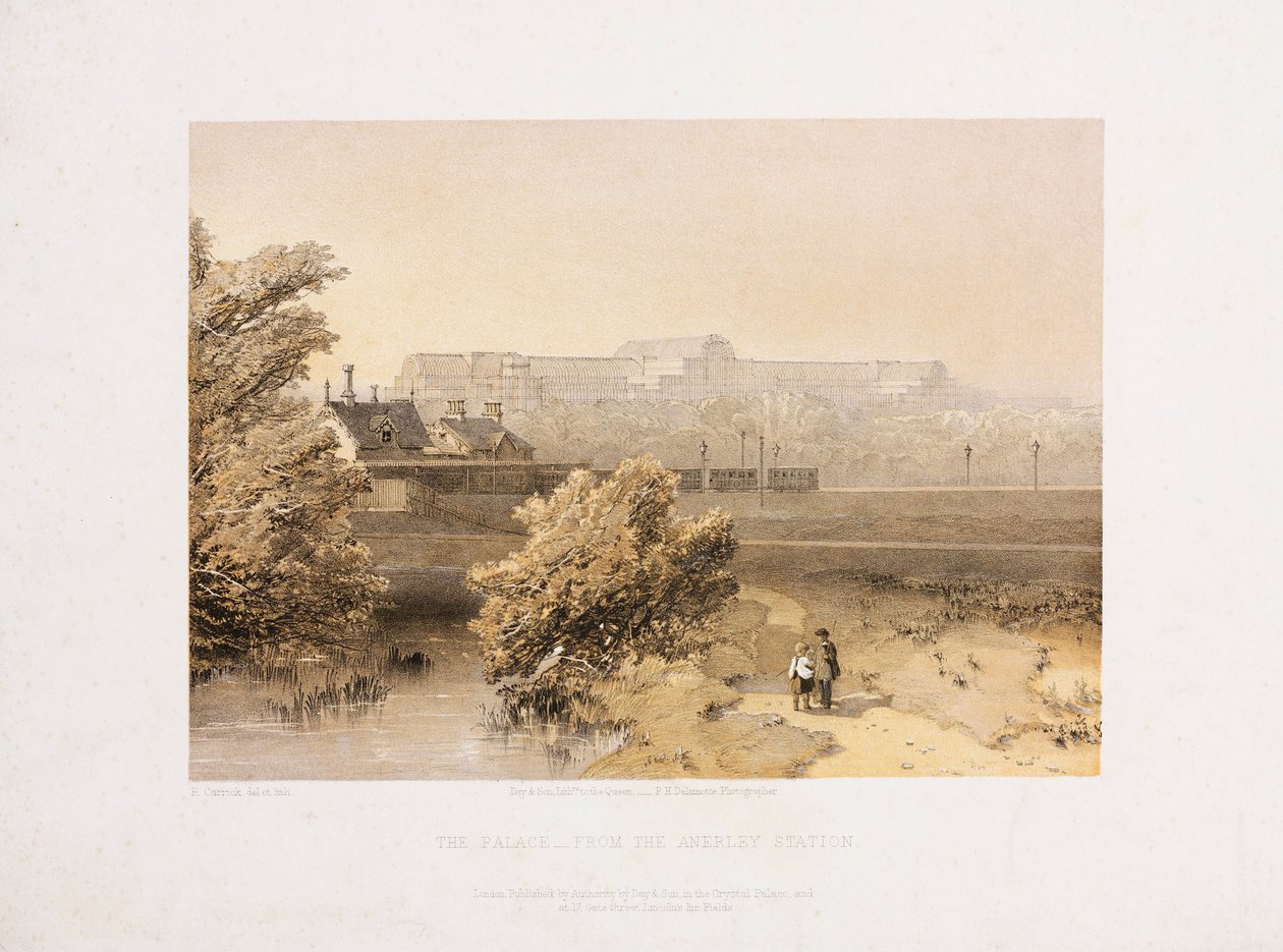 Crystal Palace, suuren näyttelyn jälkeinen Crystal Palace Anerleyn asemalta, n. 1855 tekijältä Unbekannt