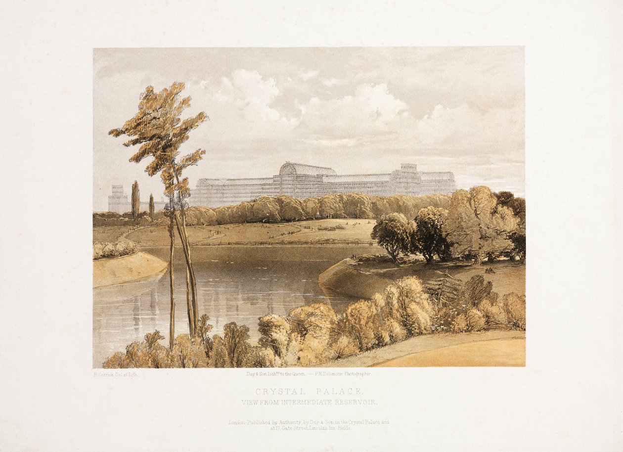 Crystal Palace, suuren näyttelyn jälkeinen Crystal Palace from the Intermediate Reservoir, n. 1855 tekijältä Unbekannt