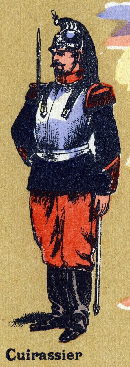 Cuirassier sotilaan univormussa. Kuvitettu aakkoset. Kuvat yhdistyivät Jarville-Nancyssa 1900-luvun alussa. Mitat: 40 x 29 cm. Litografia bistre-taustalla tekijältä Unbekannt