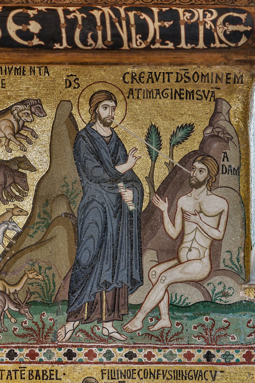 Mosaiikkisykli Vanhasta testamentista, luomisjakso: "Aadamin luominen", XII vuosisata, Palatinuksen kappeli, Kuninkaallinen palatsi tai Palazzo dei Normanni (Normaanien palatsi), Palermo, Sisilia, Italia (kuva) tekijältä Unbekannter Künstler