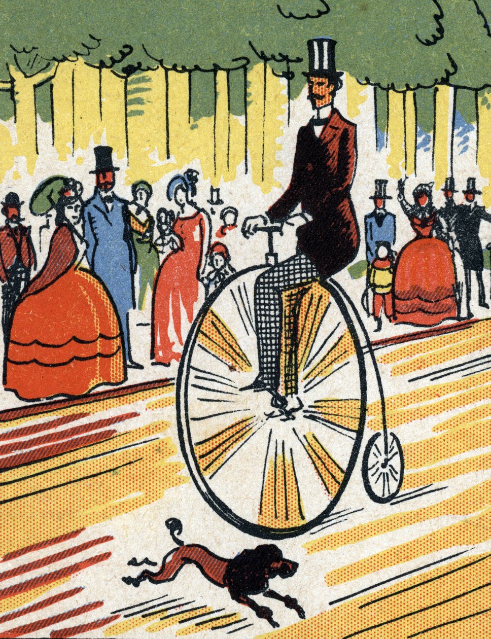 Pyöräilijä, joka ajaa isolla bi-autolla, n. 1900-1920 (kromolitografia) tekijältä Unbekannter Künstler