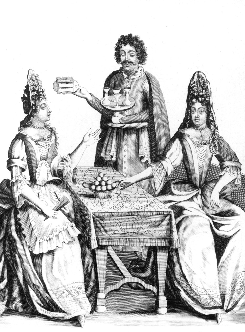 Dames prenant des rafraichissements au 17e siecle (apres 1670) - naiset nauttimassa virvokkeita 1600-luvulla - mode fashion coiffe headgear hairstyle eventail fan cafe bar France tekijältä Unbekannter Künstler