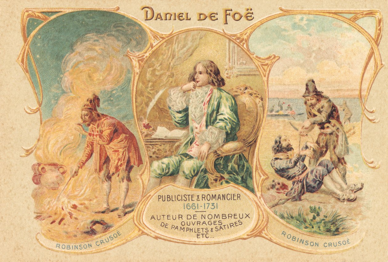Daniel Defoe kirjoituspöytänsä ääressä ja kuuluisa työnsä (printti) tekijältä Unbekannter Künstler