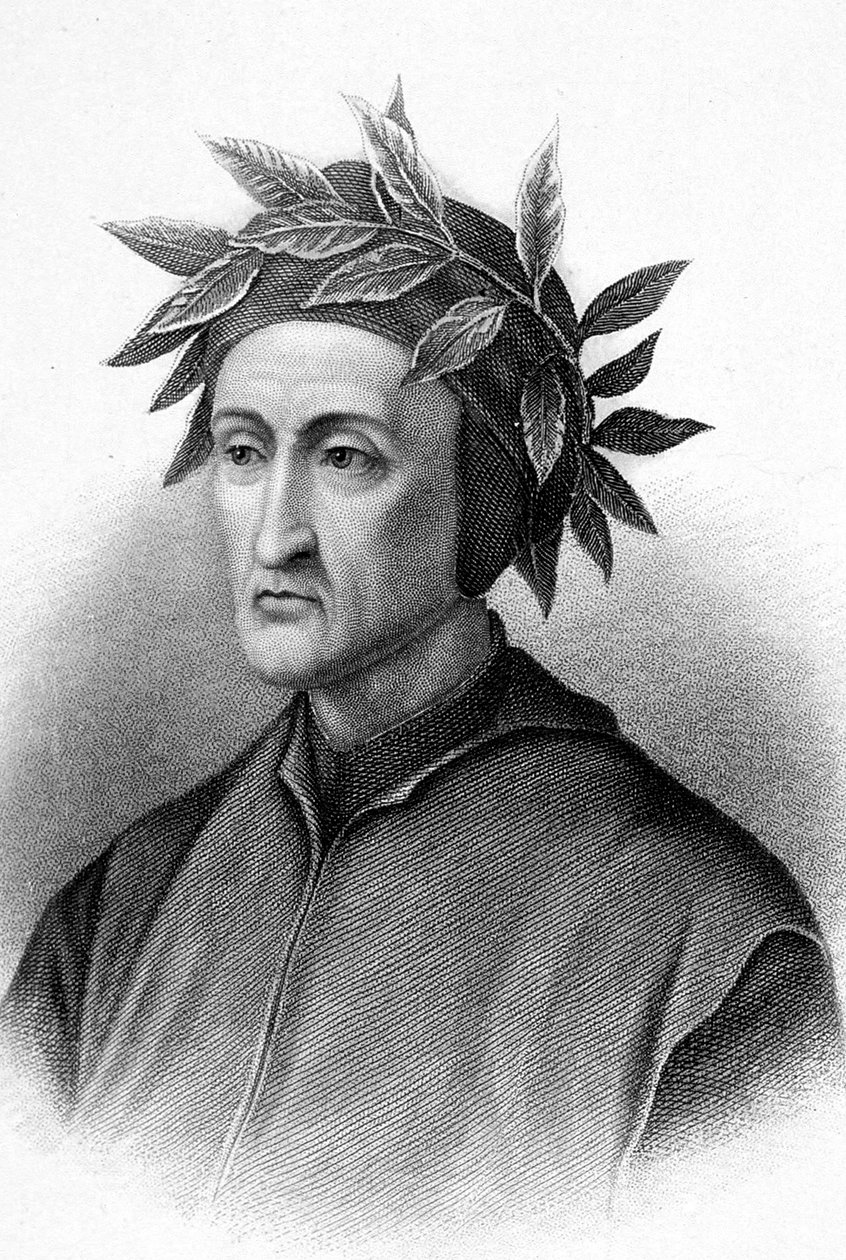 Dante Alighieri (1265-1321) italialainen kirjailija (Jumalainen komedia), tässä laakerinlehvillä kruunattu, kaiverrus. tekijältä Unbekannter Künstler