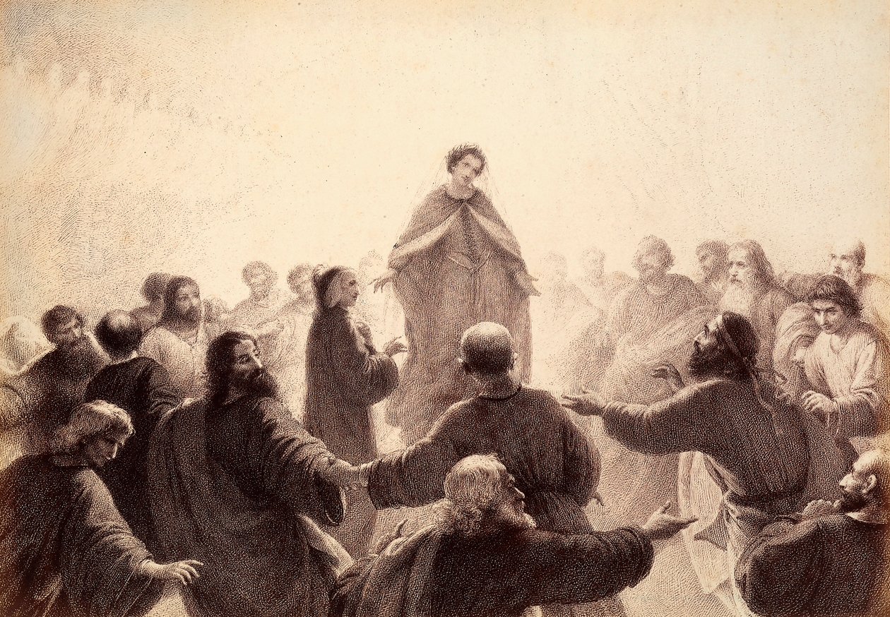 Viisaiden henget ympäröivät Danten ja Beatricen, jotka laulavat ja tanssivat heidän ympärillään. Kuvitus Dante Alighierin Jumalaisen komedian Paradiso-kappaleen XIV kantosta. Franceso Scaramuzzan Firenzen kunnalle omistama teos. tekijältä Unbekannter Künstler