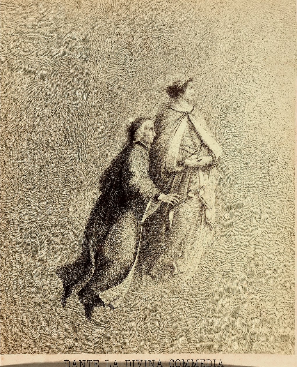 Dante ja Beatrice lentävät paratiisin taivaanrannan halki. Kuvitus Dante Alighierin Jumalaisen komedian Paradiso-kappaleen I laulusta. Franceso Scaramuzzan Firenzen kunnalle omistama teos. tekijältä Unbekannter Künstler