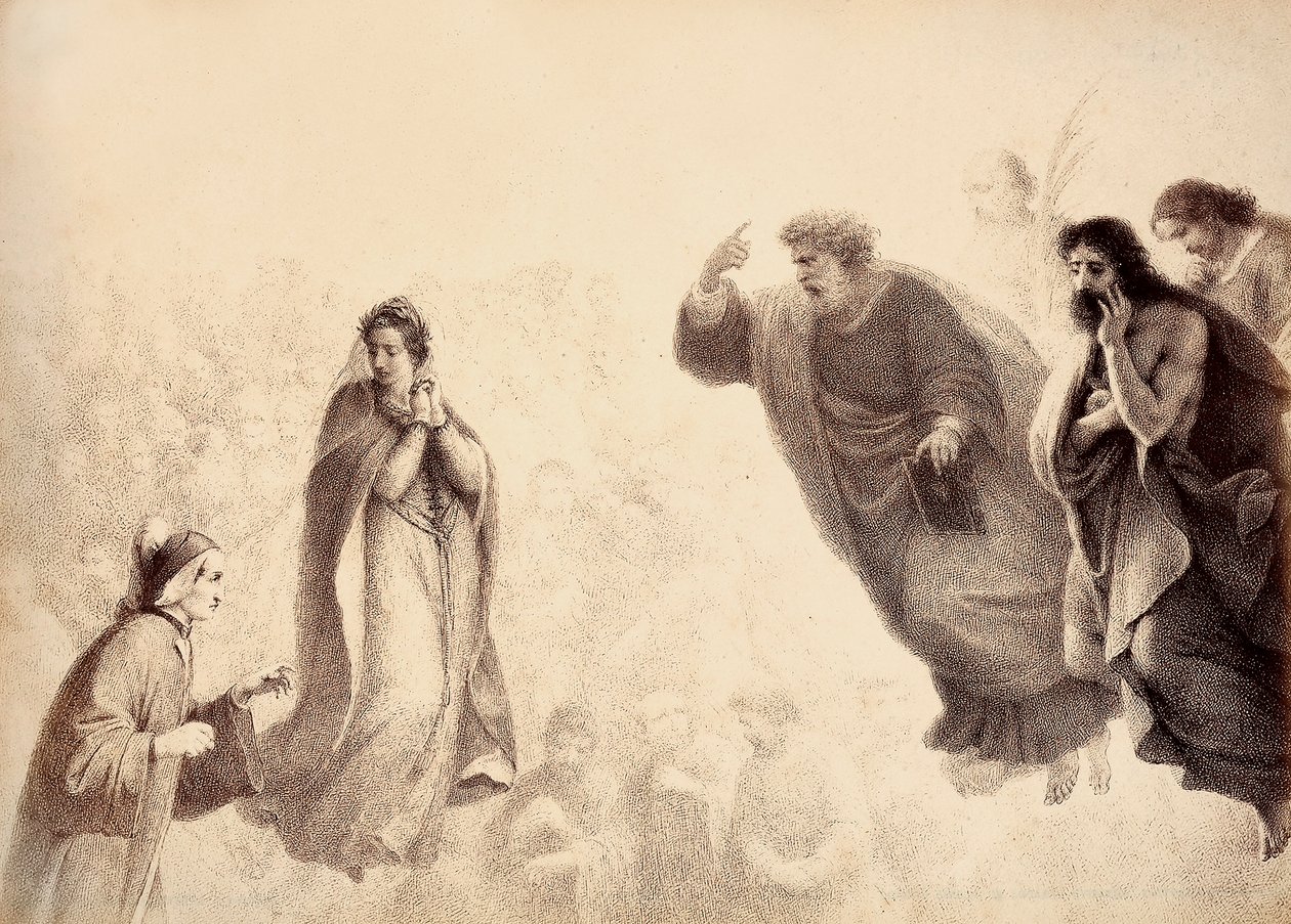 Dante ja Beatrice apostolien Pietarin, Jaakobin ja Johanneksen kirkkaiden henkien edessä. Pietari on nostanut kätensä ylös vihan merkiksi. Kuvitus Dante Alighierin teoksen Jumalaisen komedian Paradiso-kappaleen XXVII kantosta. Francesco Scaramuzzan teos, j tekijältä Unbekannter Künstler