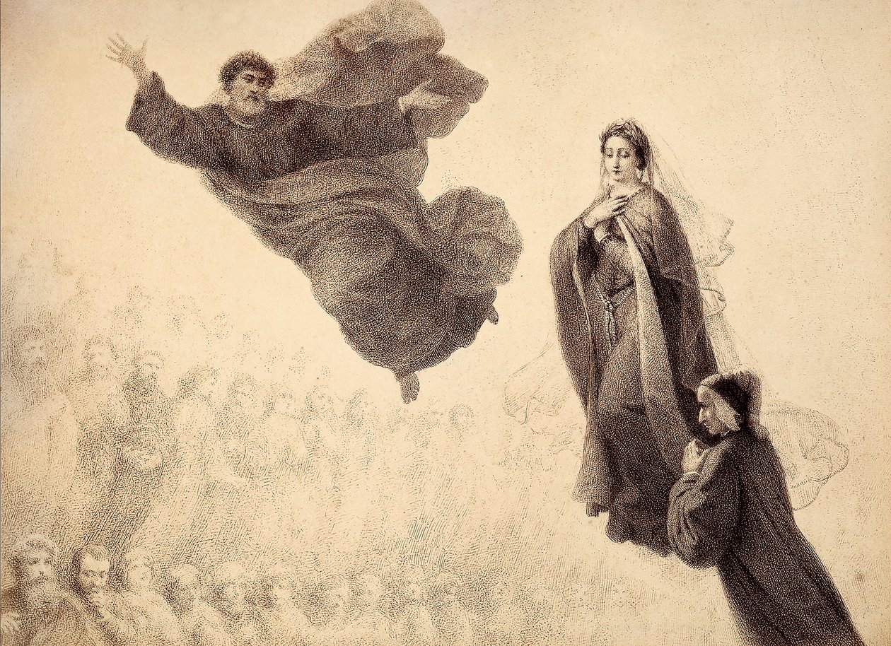 Dante ja Beatrice tapaavat Pietarin. Kuvitus Dante Alighierin teoksen Jumalaisen komedian Paradiso XXIV-kappaleesta. Francesco Scaramuzzan Firenzen kunnalle omistama teos. tekijältä Unbekannter Künstler