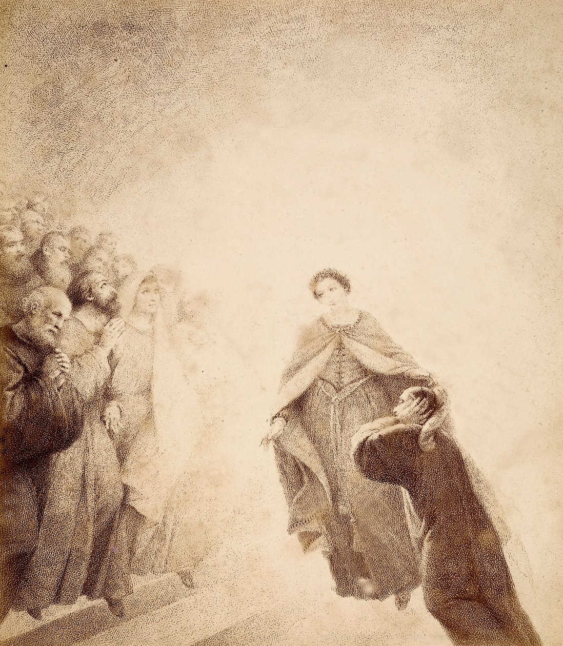 Dante peittää korvansa käsillään, kun tikkaita pitkin järjestäytyneiden henkien vihanhuudot saavat hänet valtaansa. Kuvitus Dante Alighierin teoksen Jumalaisen komedian Paradiso-kappaleen Canto XVI:sta. Francesco Scaramuzzan teos, joka on omistettu Municip tekijältä Unbekannter Künstler