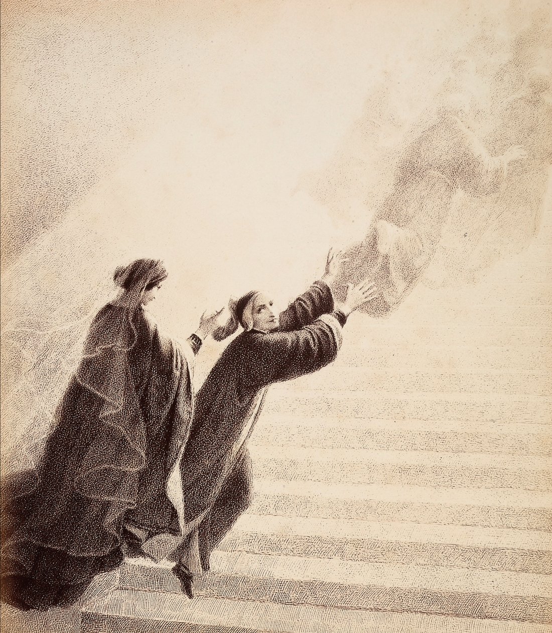 Beatricen yksinkertaisen merkin innoittamana Dante nousee kultaisia tikapuita ylös siunattujen henkien perässä. Kuvitus Dante Alighierin teoksen Jumalaisen komedian Paradiso XVII-kappaleesta. Francesco Scaramuzzan Firenzen kunnalle omistama teos. tekijältä Unbekannter Künstler