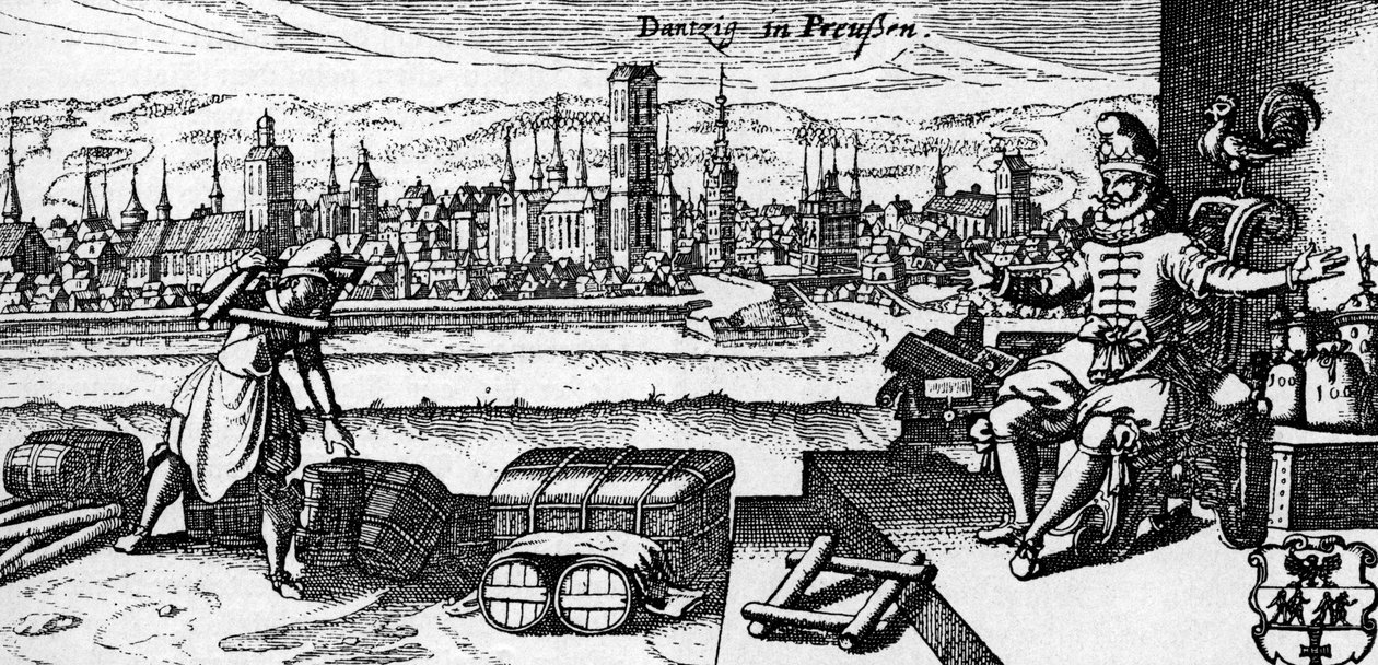 Danzig / Gdansk - näkymä kaupungista, noin 1700 (kaiverrus) (kaiverrus) tekijältä Unbekannter Künstler