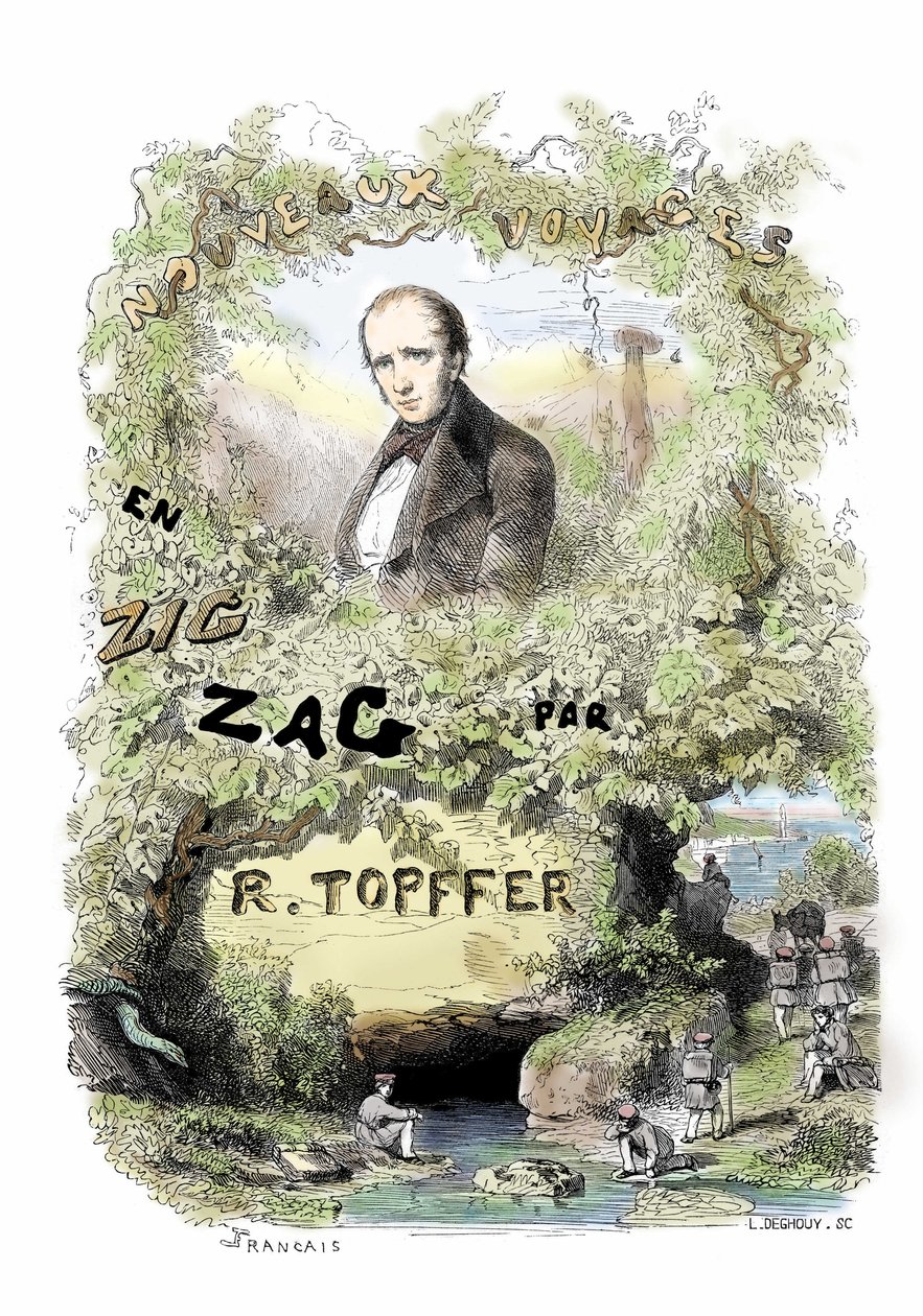 Sarjakuvan ensiesittelyt: Rodolphe Topfferin (1799-1846) sarjakuvan "Nouveaux voyages en zig-zag" etukuva. tekijältä Unbekannter Künstler