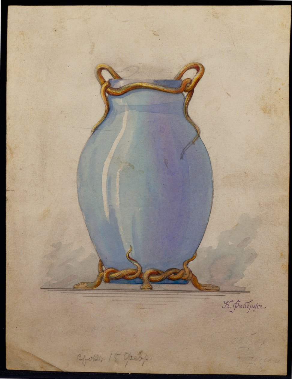 Suunnittelu munanmuotoiseen siniseen maljakkoon, House of Carl Faberge tekijältä Unbekannt