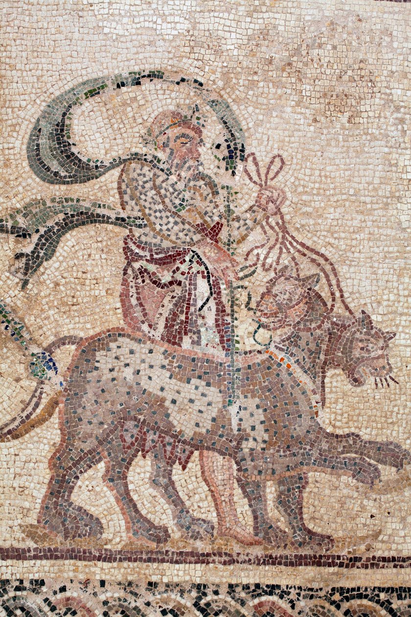 Yksityiskohta Dionysoksen voitosta - Jumalan paluu sotilasmatkalta Intiaan - Silenus pitelee Pantterien ohjaksia - Pafoksen mosaiikit, Dionysoksen talo, 200-luvun loppu jKr - Kypros - Dionysoksen voitto - Pitkä mosaiikin jäljitys tekijältä William M. Timlin