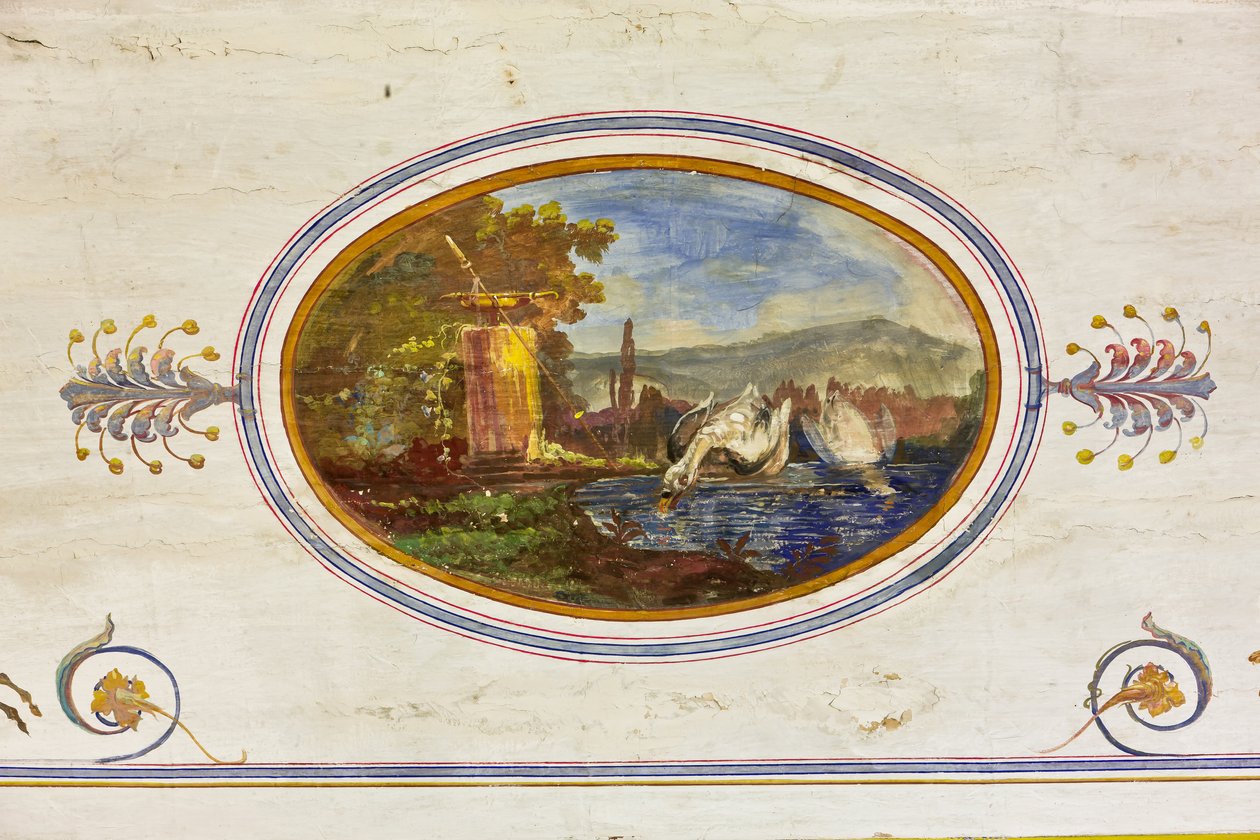 Yksityiskohta koristeesta, joka kuvaa joutsenia, punaista huonetta, kuninkaallista asuntoa, kuninkaallista palatsia tai Palazzo dei Normannia (Normaanien palatsi), Palermo, Sisilia, Italia (kuva) tekijältä Unbekannter Künstler