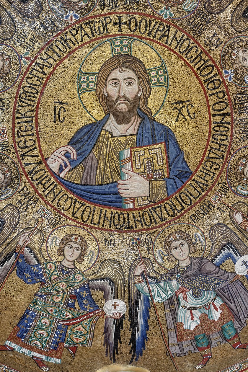 Transeptin kupoli: mosaiikki "Blessing Christ Pantocrator enkelien ja arkkienkelien välillä", XII vuosisata, Palatinuksen kappeli, Kuninkaanlinna tai Palazzo dei Normanni (Normaanien palatsi), Palermo, Sisilia, Italia (kuva) tekijältä Unbekannter Künstler