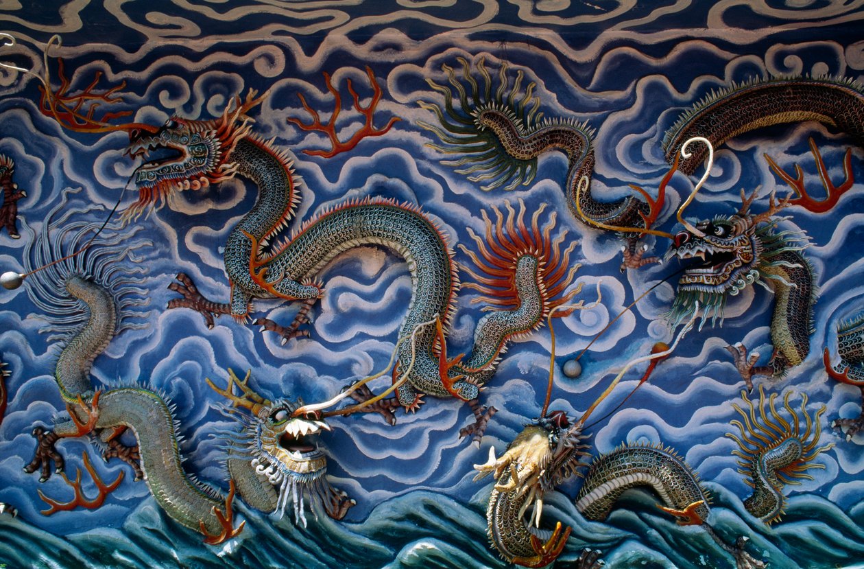 Dragons, Haw Par Villa (Tiger Balm Garden), kiinalaiseen mytologiaan ja legendoihin perustuva teemapuisto, Singapore, Singaporen tasavalta tekijältä Benjamin Baud