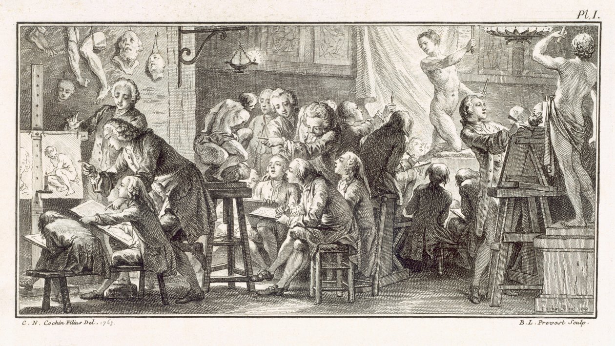 Piirustusluokka, kuvitus M. de Landen tieteiden sanakirjasta, n. 1770 (litho) tekijältä Unbekannt